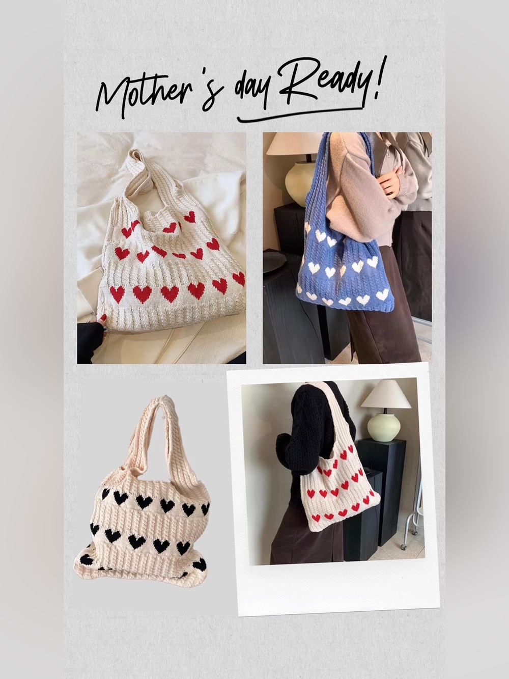 Hand-Knit Heart Pattern Shoulder Bag - Cream, Blue, Black Options